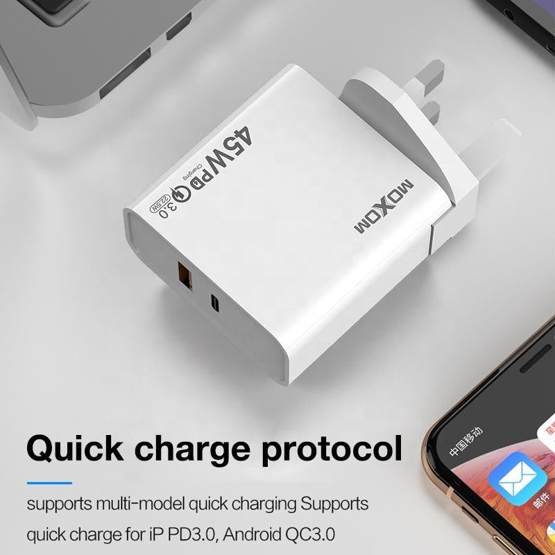 MOXOM White 2 In 1 Phone Travel Charger 2 Port QC3.0 PD3.0 fast UK | Shopna Online Store .